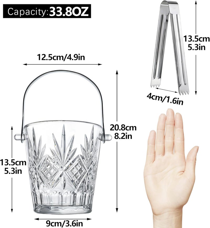 ZEERSHEE Clear Glass Ice Bucket with Ice Tong and Handle 33.8 oz Crystal Ice Cube Busket Cocktail Bar Champagne Bucket for Parties Wine Accessory - Image 3